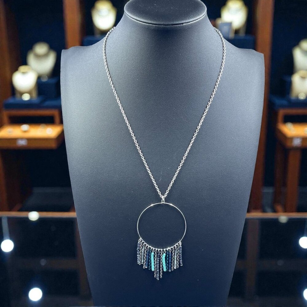 Nine West Boho Fringe Circle‎ Pendant Necklace Silver Blue Beads Layer Jewelry